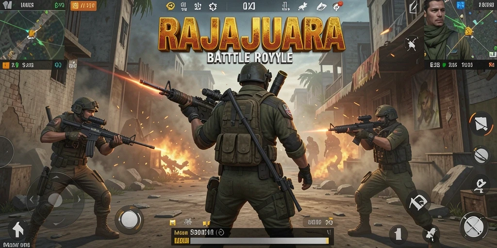 Tampilan aksi seru dalam gameplay RAJAJUARA Battle Royale.